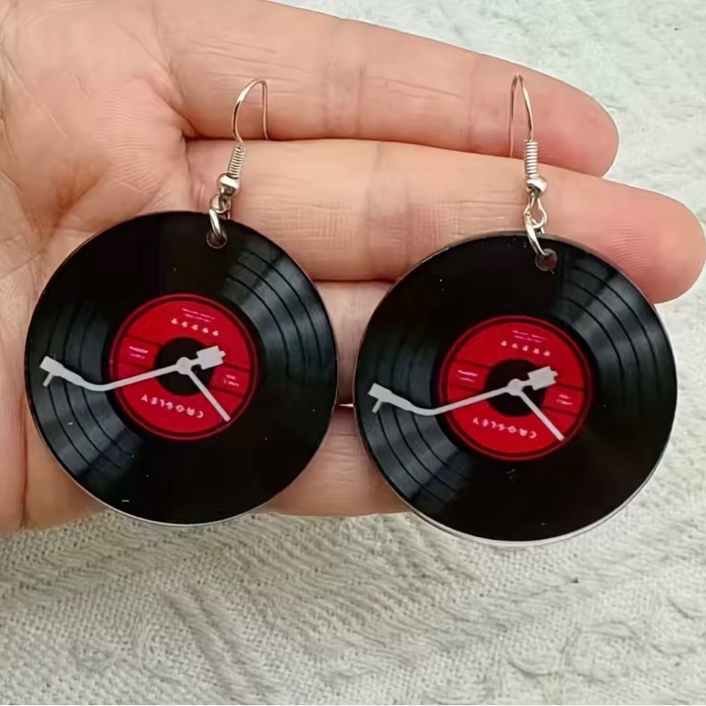 Anthropologie Black & Red Vinyl Record Earrings - Electronics Media Style